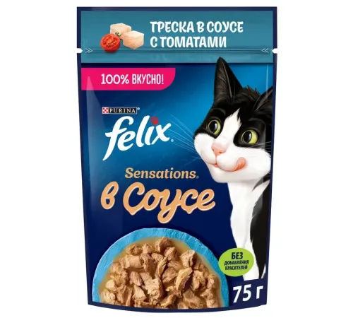 Felix Sensations для кошек (Треска с томатами в соусе), 75 г