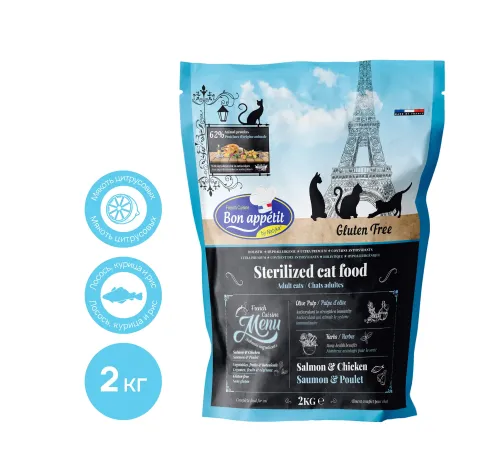Bon Appetit Sterilized Adult Cat (Курица, лосось, рис), 2 кг