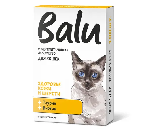 BALU Здоровье кожи и шерсти Лакомство мультивитаминное для кошек, 100 таб