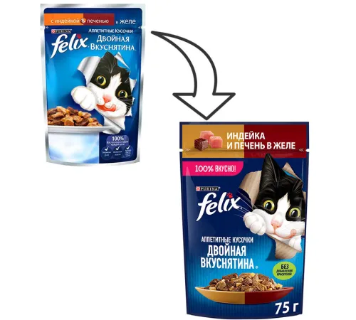 Felix Двойная вкуснятина для кошек (Индейка и печень в желе), 75 г