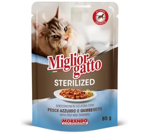 Miglior Gatto Sterilized Кусочки в желе (Рыба, креветки), 85 г