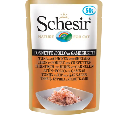 Schesir Тунец с курицей и креветками в желе Пауч, 50 г