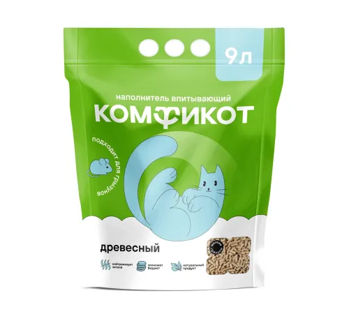 Комфикот Наполнитель древесный впитывающий, мелкие гранулы, 9л, 3 кг