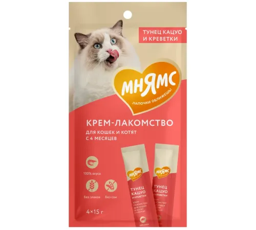 Мнямс Крем-лакомство с тунцом Кацуо и креветками, 15 г х 4 шт (упаковка)