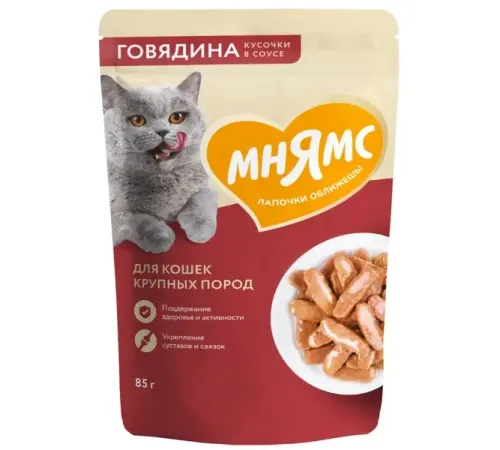 Мнямс для крупных кошек Кусочки в соусе с говядиной, 85 г