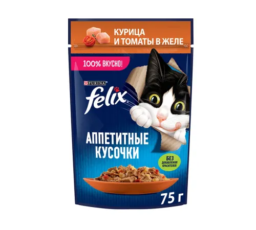 Felix Аппетитные кусочки для кошек (Курица с томатами в желе), 75 г