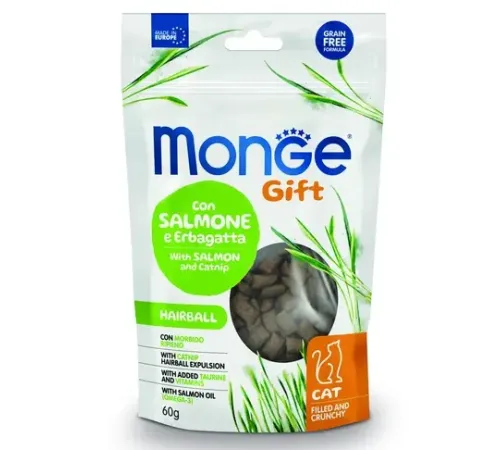 Monge Gift Hairball Хрустящие подушечки с начинкой с лососем и кошачьей мятой, 60 г