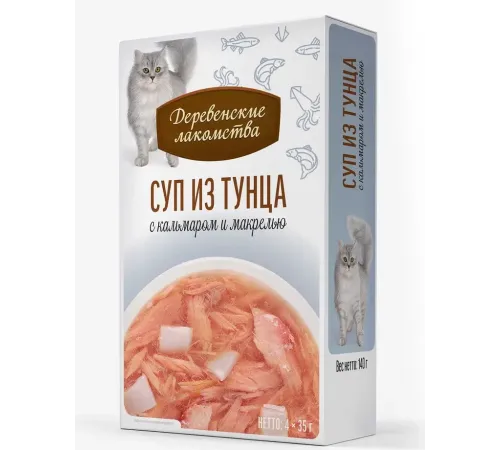 Деревенские лакомства Суп из тунца с кальмаром и макрелью, 35 г х 4 шт (Box)