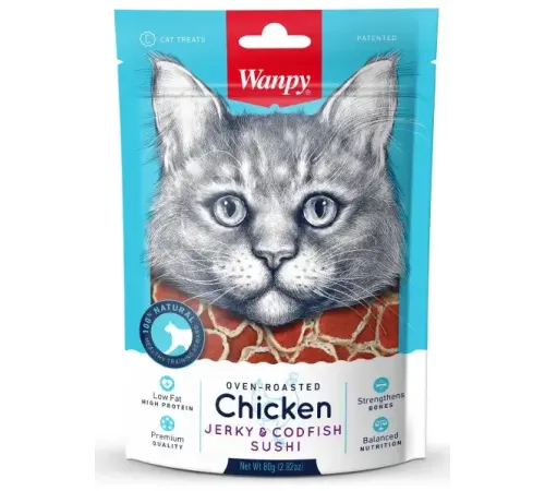 Wanpy Cat Cуши из курицы с треской, 80 г