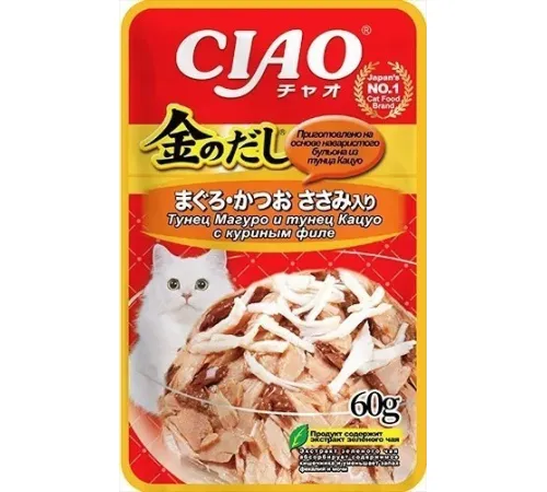 INABA CIAO Kinnodashi Тунец Магуро и Кацуо с куриным филе, 60 г