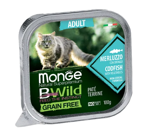 Monge Консервы BWild GF Adult Cat (Треска, овощи), 100 г