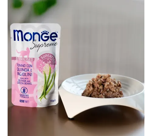 Monge Supreme Sterilized Cat Пауч из тунца с киноа и зелёной фасолью, 80 г