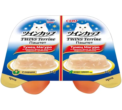 INABA CIAO TWINS Terrine Паштет Тунец Магуро и куриное филе со вкусом морского гребешка, 70 г
