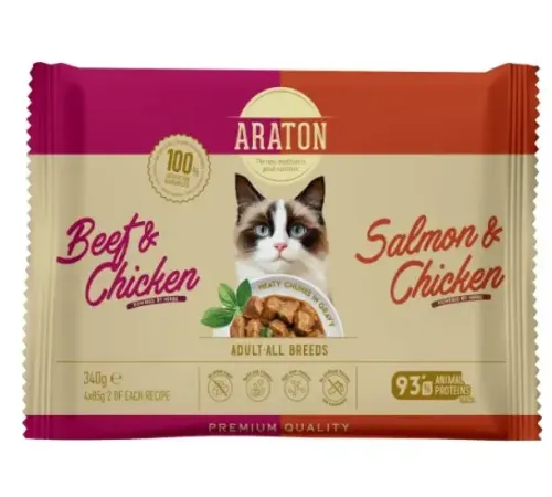 Araton Набор паучей для кошек (Говядина, лосось, курица), 85 г х 4 шт