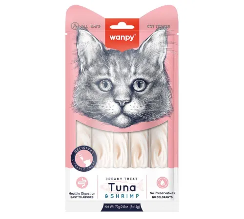 Wanpy Cat Нежное пюре из тунца и креветок, 5 шт х14 г