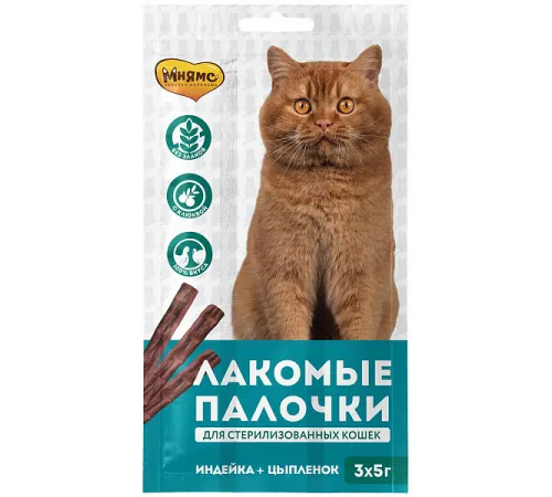 Мнямс Лакомые палочки для стерилизованных кошек (Индейка, цыпленок), 5 г, 1 шт из уп.