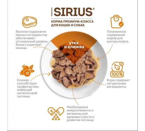 Sirius Консервы для кошек (Утка с клюквой в соусе), 85 г х 24 шт