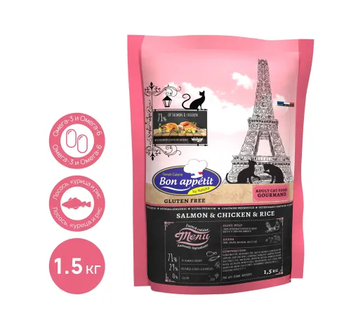 Bon Appetit Gourmand Adult Cat (Курица, лосось, рис), 1,5 кг
