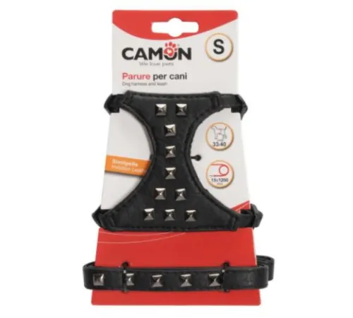 CAMON Шлея с заклепками и поводком черная S, 33-40 см+120 см