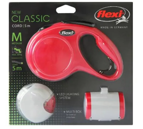 Комплект Рулетка Flexi New Classic M трос 5 м + Фонарик LED + Multi Box, (красный)