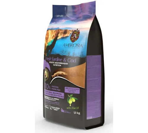 AMBROSIA Mediterranean Sterilised/Senior (Сардина, треска), 1,5 кг