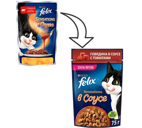 Felix Sensations для кошек (Говядина с томатами в соусе), 75 г