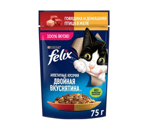 Felix Двойная вкуснятина для кошек (Говядина и птица в желе), 75 г