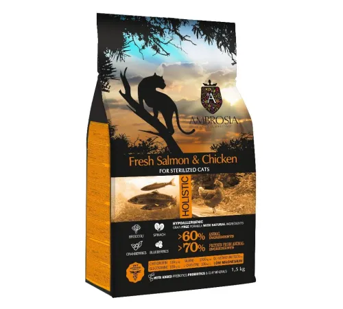 AMBROSIA Sterilized Cat (Лосось, курица), 1,5 кг