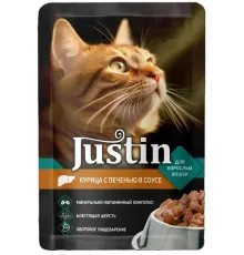 Justin Консервы для кошек (Курица и печень в соусе), 75 г х 28 шт