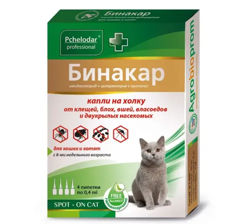 Pchelodar Капли Бинакар от клещей/блох для кошек и котят, 1 пипетка