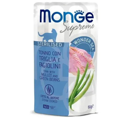 Monge Supreme Sterilized Cat Пауч с тунцом, кефалью и зелёной фасолью, 80 г