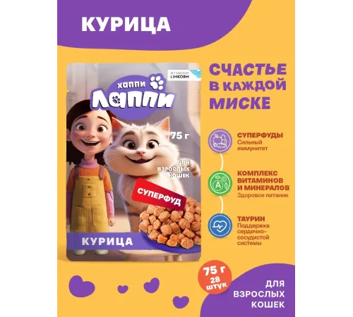 Хаппи Лаппи Пауч для кошек (Курица в соусе), 75 г х 28 шт