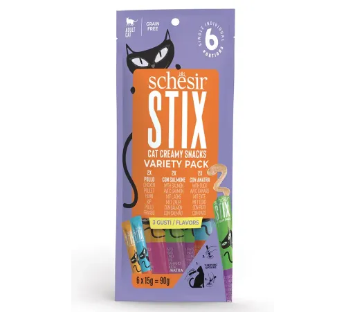 Schesir Stix Крем-лакомство Mix (Курица, утка, лосось), 15 г х 6 шт
