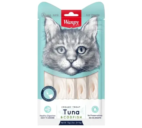 Wanpy Cat Нежное пюре из тунца и трески, 5 шт х14 г