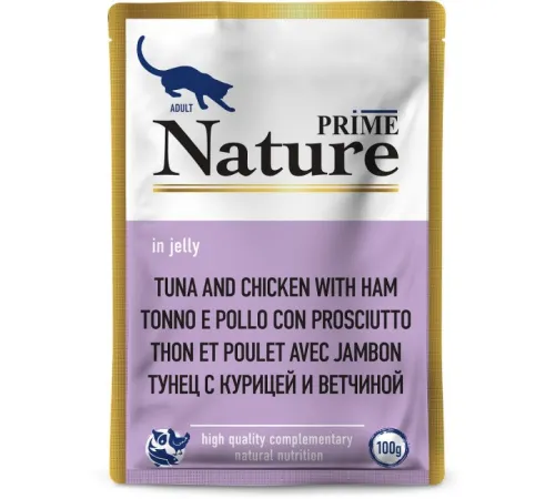 Prime Nature Паучи Тунец с курицей и ветчиной в желе для кошек, 100 г