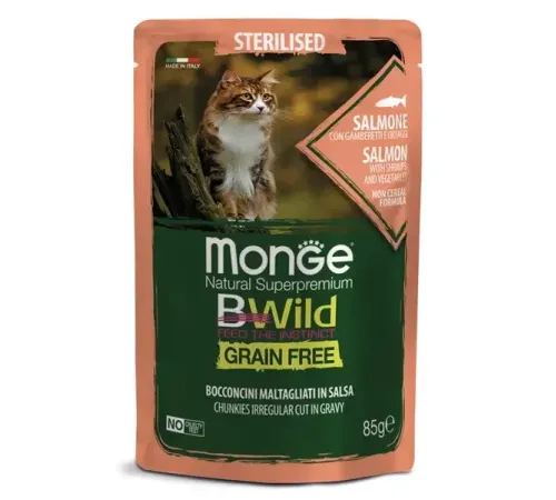 Monge Пауч BWild GF Sterilized Cat (Лосось, креветки, овощи), 85 г