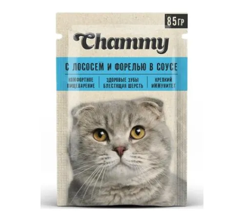 Chammy Консервы для кошек (Лосось и форель в соусе), 85 г х 25 шт