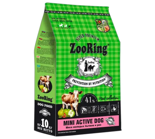 ZooRing Adult Mini Active Dog (Молодой бычок, рис), 10 кг