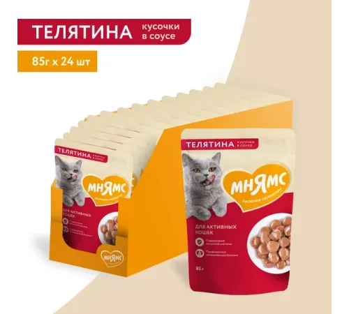 Мнямс для активных кошек Кусочки в соусе с телятиной, 85 г