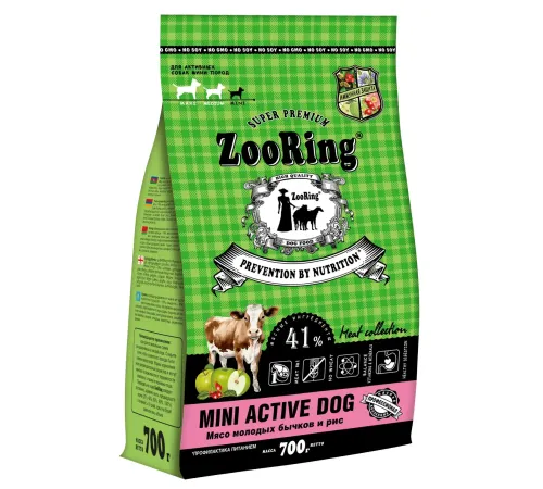 ZooRing Adult Mini Active Dog (Молодой бычок, рис), 700 г