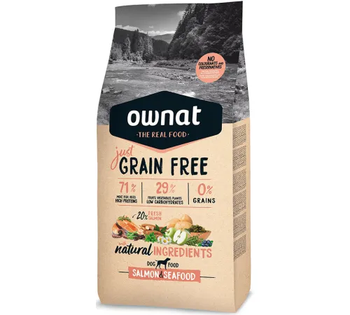 OWNAT Just Grain Free Adult Dog (Лосось и морепродукты), 3 кг срок до 10.05.2026 г