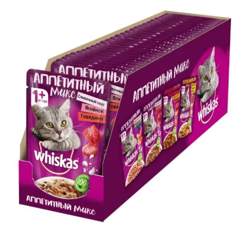 Whiskas Аппетитный микс (сливочный соус, ягнёнок, говядина), 85 г х 24 шт (уп)