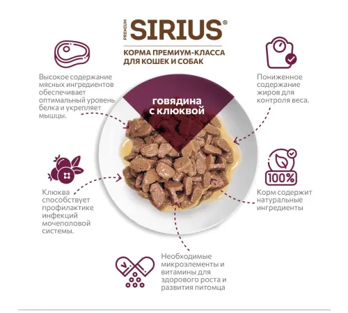 Sirius Консервы для кошек (Говядина с клюквой в соусе), 85 г х 24 шт