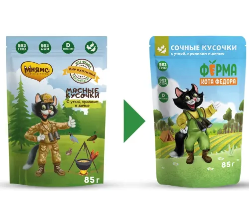 Ферма кота Федора Мясные кусочки с уткой, кроликом и дичью, 85 г