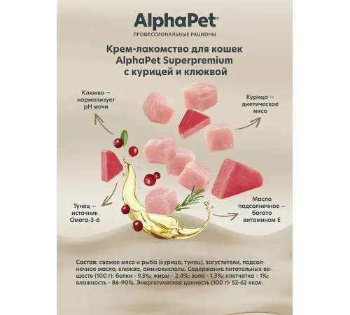 AlphaPet Superpremium Крем-лакомство с курицей и клюквой, 48 г