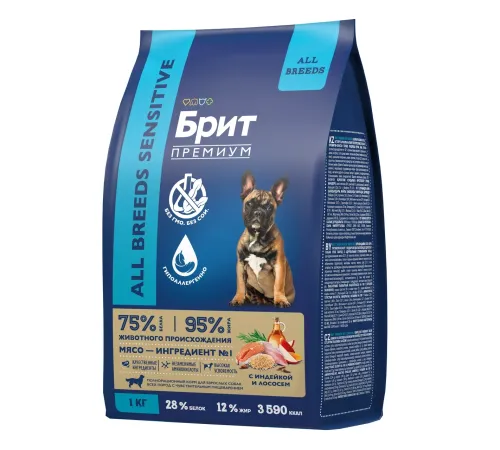Брит Премиум Dog Sensitive Adult All Breeds (Индейка, лосось), 1 кг