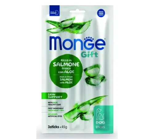 Monge Gift Skin Support Dog Мягкие палочки со свежим лососем, алоэ вера и дрожжами, 45 г
